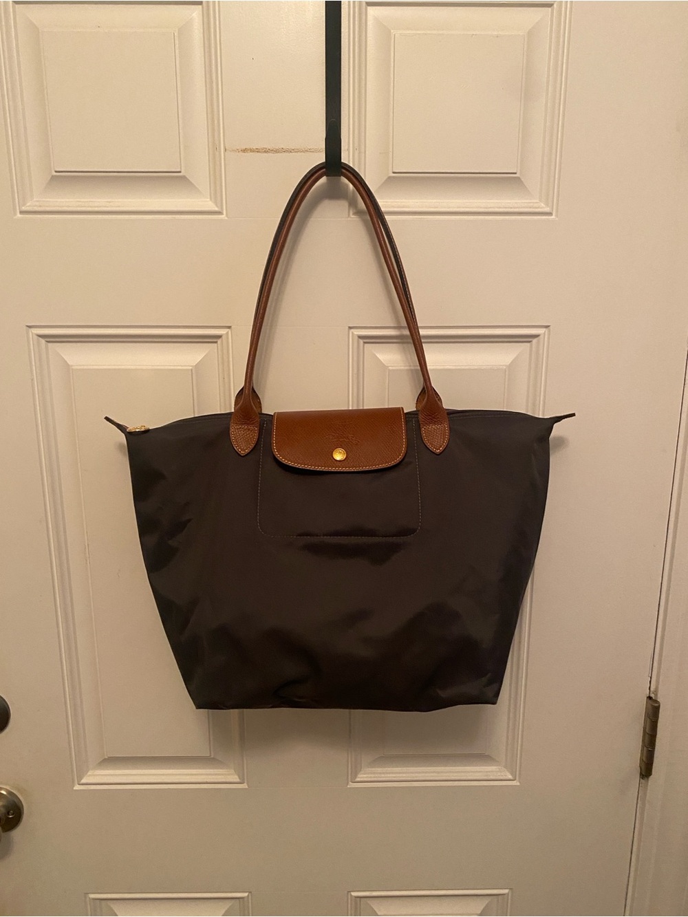 Longchamp Navy Blue Tote with Brown Leather Trim